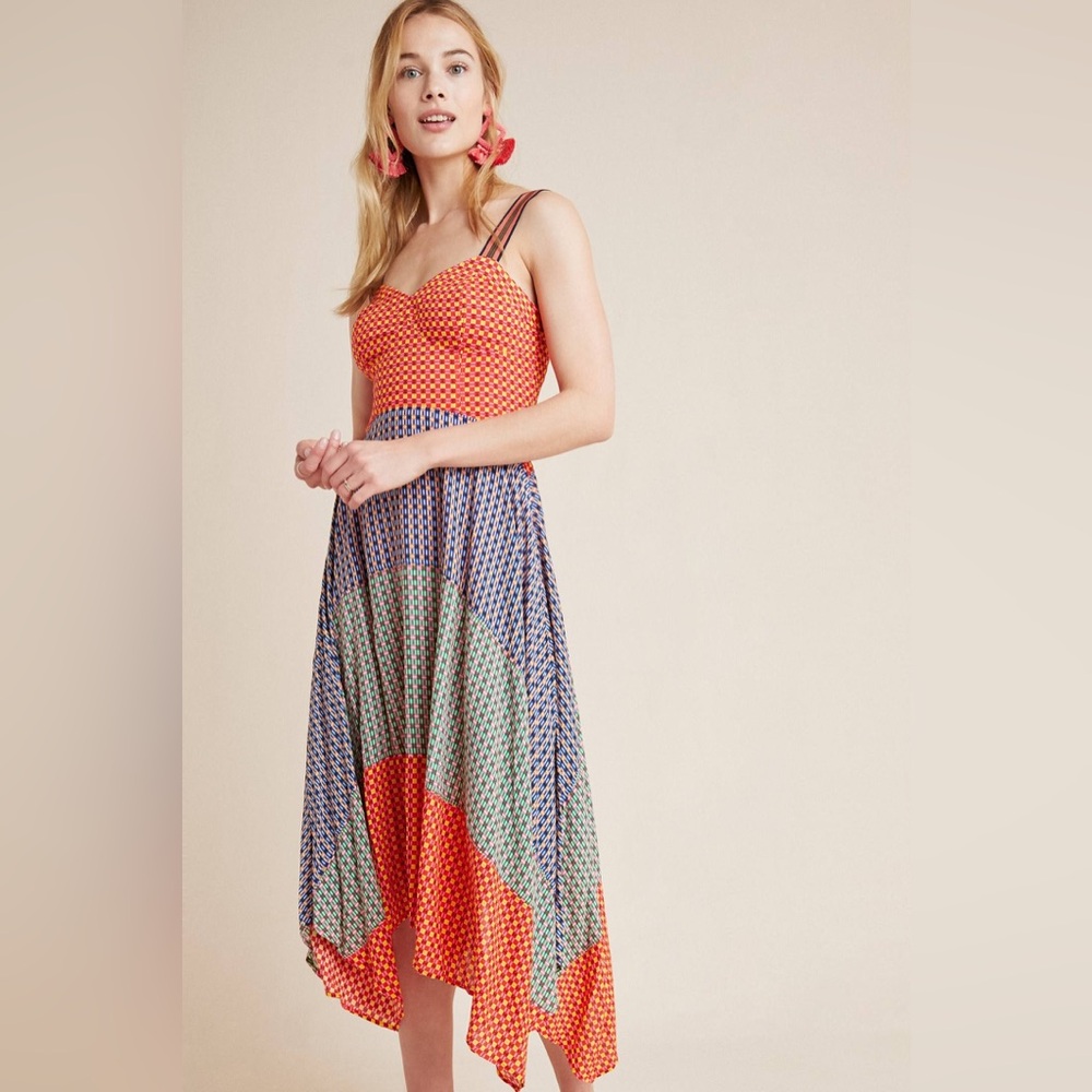 Maeve Anthropologie Vivienne Color Block Handkerchief Maxi Dress Size 14